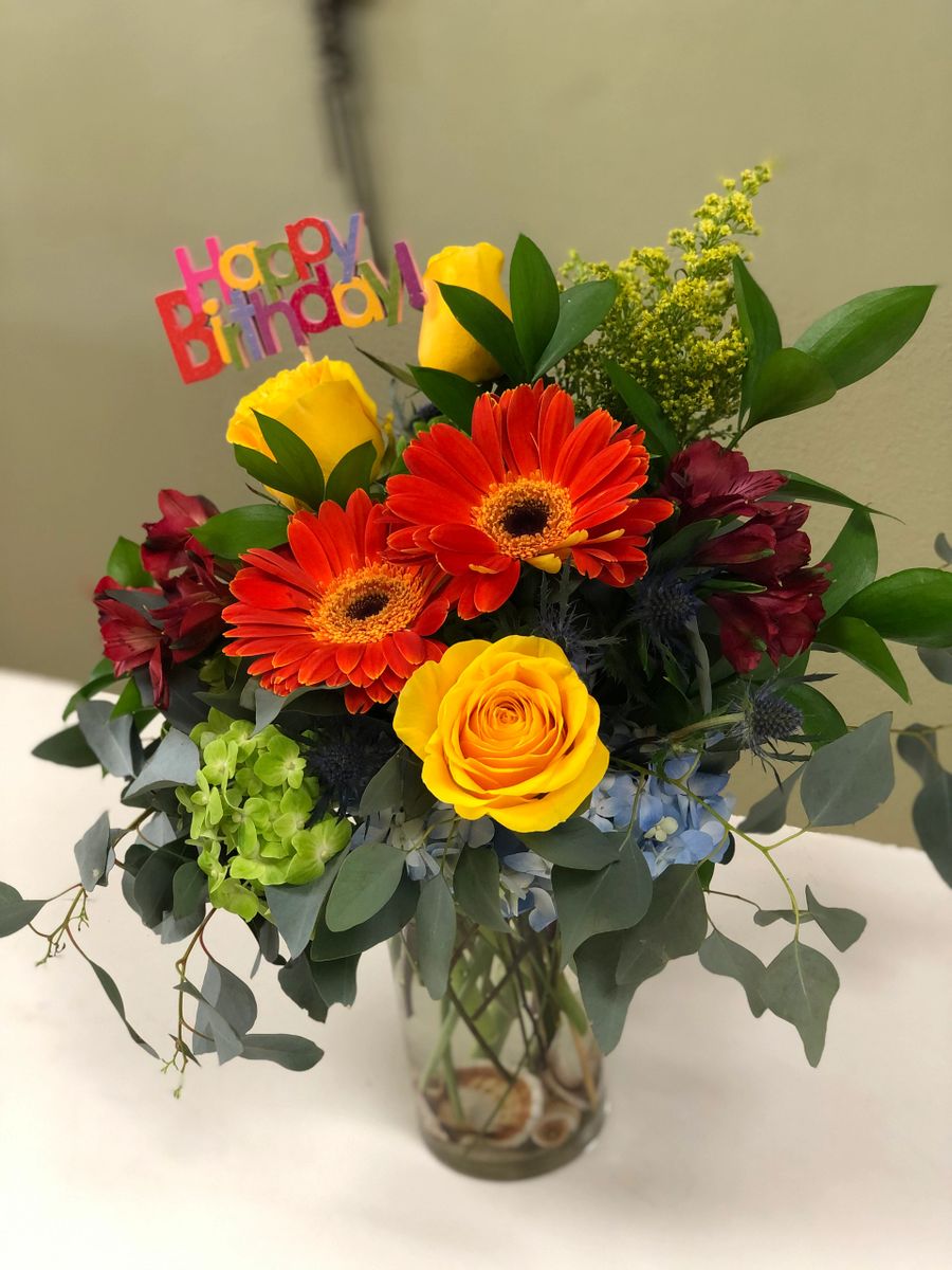 Color Pop Birthday Flowers with wooden Happy Birthday sign